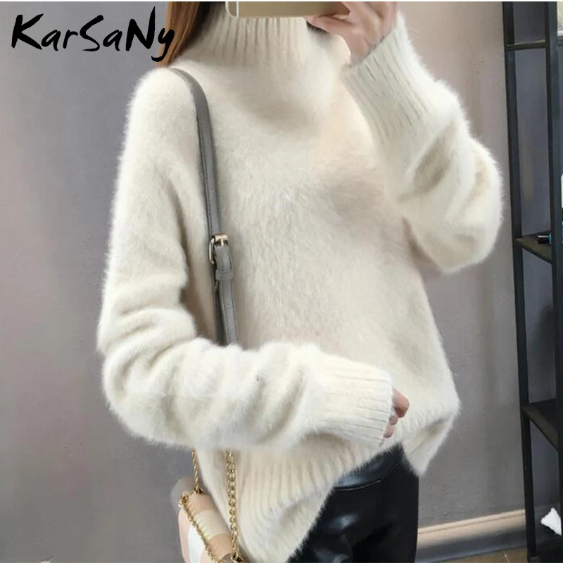 KarSaNy Winter Mink Cashmere Thick Sweater Women Jumper White Pull Femme Loose Pullover Knitted Fluffy Sweaters For Women Winter