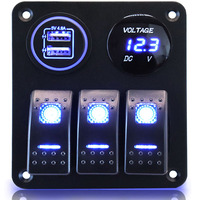 3 Gang Waterproof Boat Rocker Switch Panel 12V, with LED Digital Display Voltmeter and 4.8A Dual USB Slot Socket for Boat Car