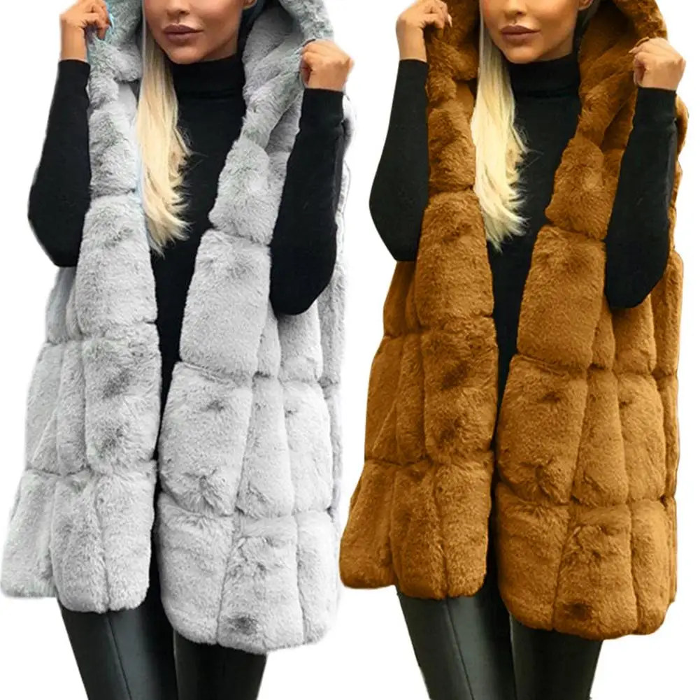 Winter Thick Vest Jacket Faux Fur Casual Solid Color Hooded Waistcoat Long Knit Oversize Women Jacket Vest