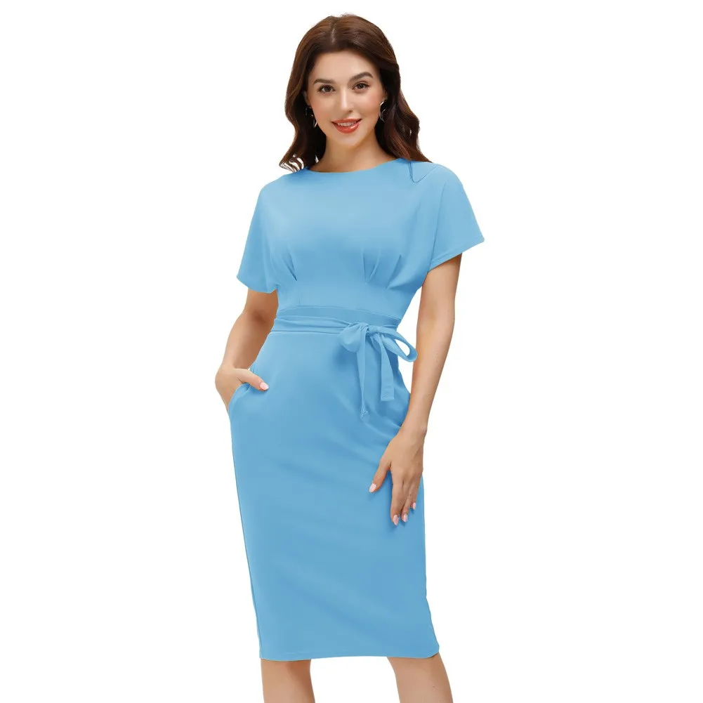 Jasambac Women's Short Raglan Sleeve Pencil Dress Hips-wrapped Scoop Neck Belt Decorated Sexy Casual Dresses Fashion Solid Lady