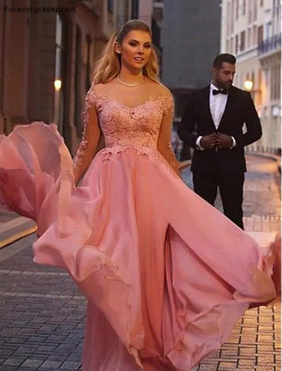 Dubai Pink Long Sleeves Prom Dress A Line Off Shoulders Chiffon Appliqued Formal Wear Party Gown Custom Made Plus Size