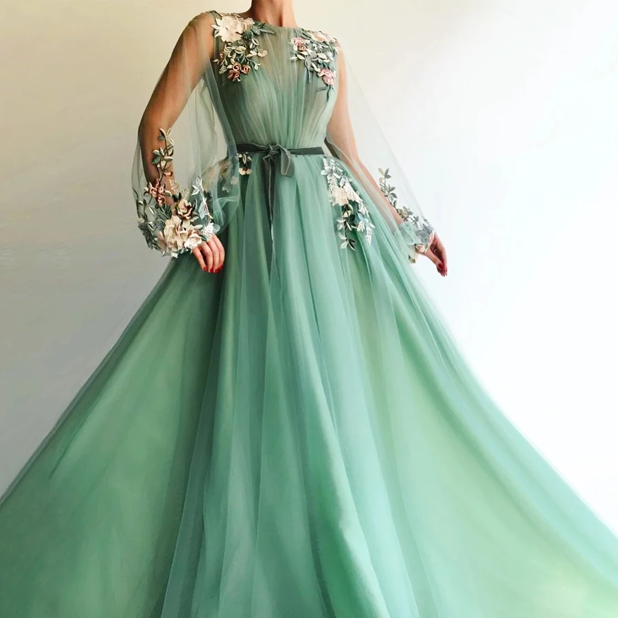 

High Neck with Puffy Long Sleeves Green Prom Dress with Multi Color Applique Lace Evening Dress Belt vestido de noiva simples
