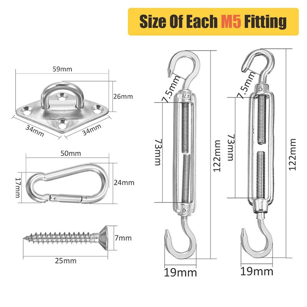 M5 Awning Attachment Set, 304 Stainless Steel Hardware Kit For Garden Rectangular Sun Shade Sail Installation (2 x Carabiner)