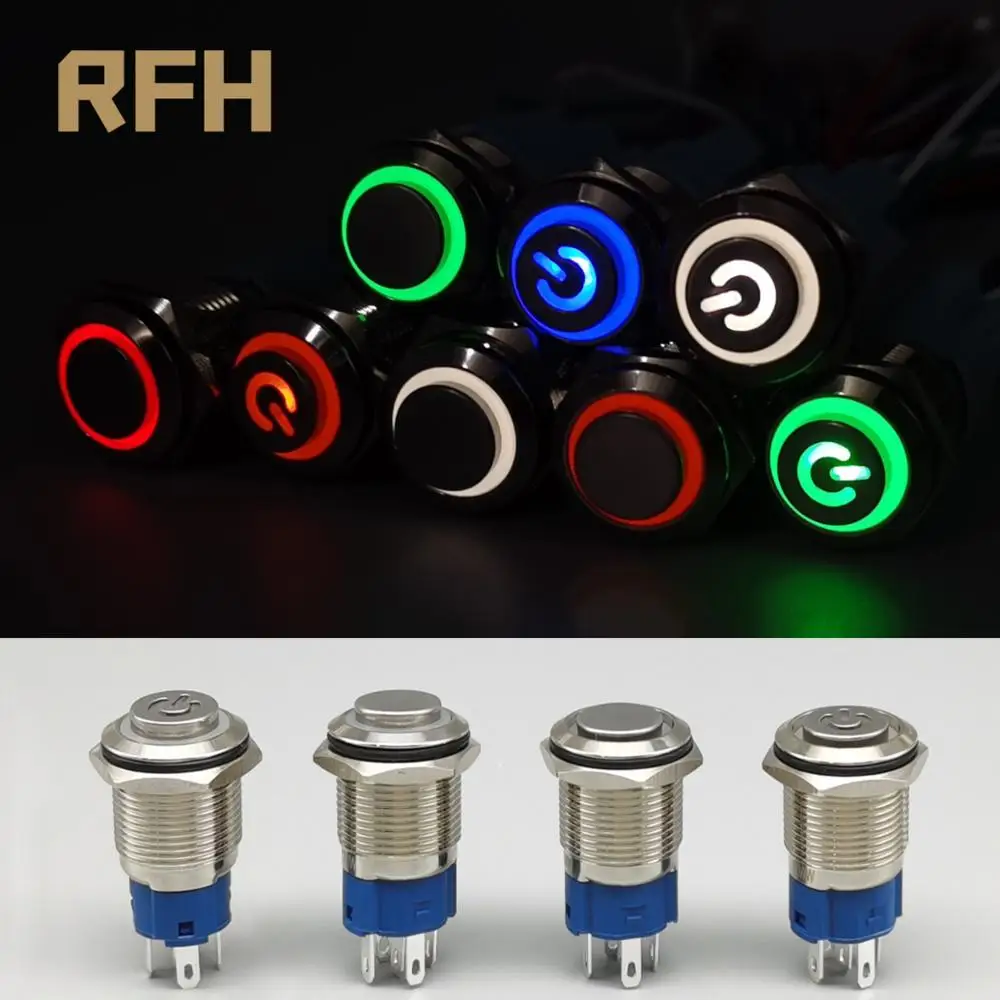 16mm Metal Push Button Switch High Head Ring Lamp Power Symbol Button Waterproof  LED Light Self-Lock Self-Reset Button 1NO1NC
