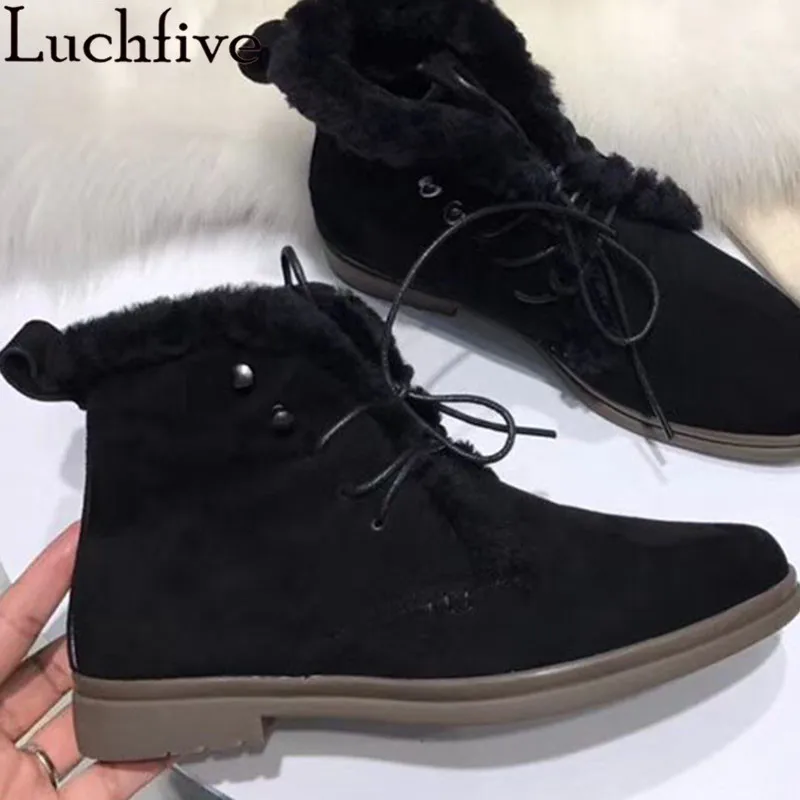 Natural Fur Snow Boots for Women Suede Leather High-help Lace up Flat Ankle  Boots Comfortable Wool Warm Winter Boots Mujer