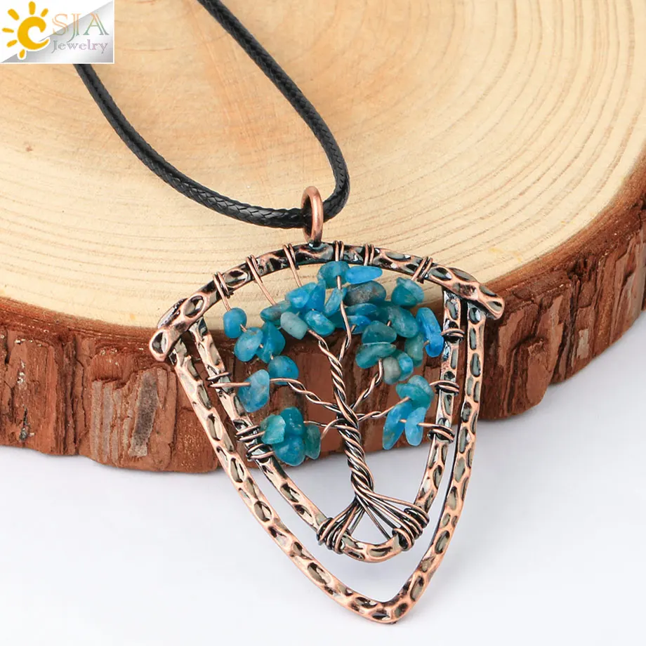 CSJA Handmade Natural Stone Pendants Necklaces for Men Tree of Life Wire Wrap Chip Beads Vintage 7 Chakra Crystal Jewelry G329