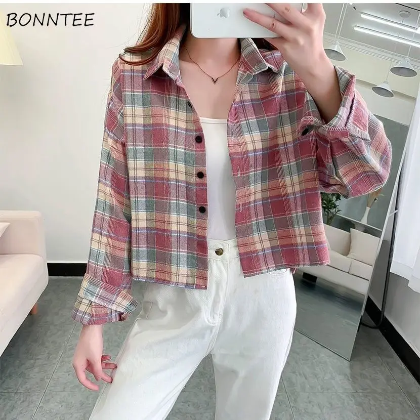 Shirts Women Spring Tops Korean Vintage Plaid Various Colors Aesthetic Casual Students Fashion Harajuku Design All-match Female