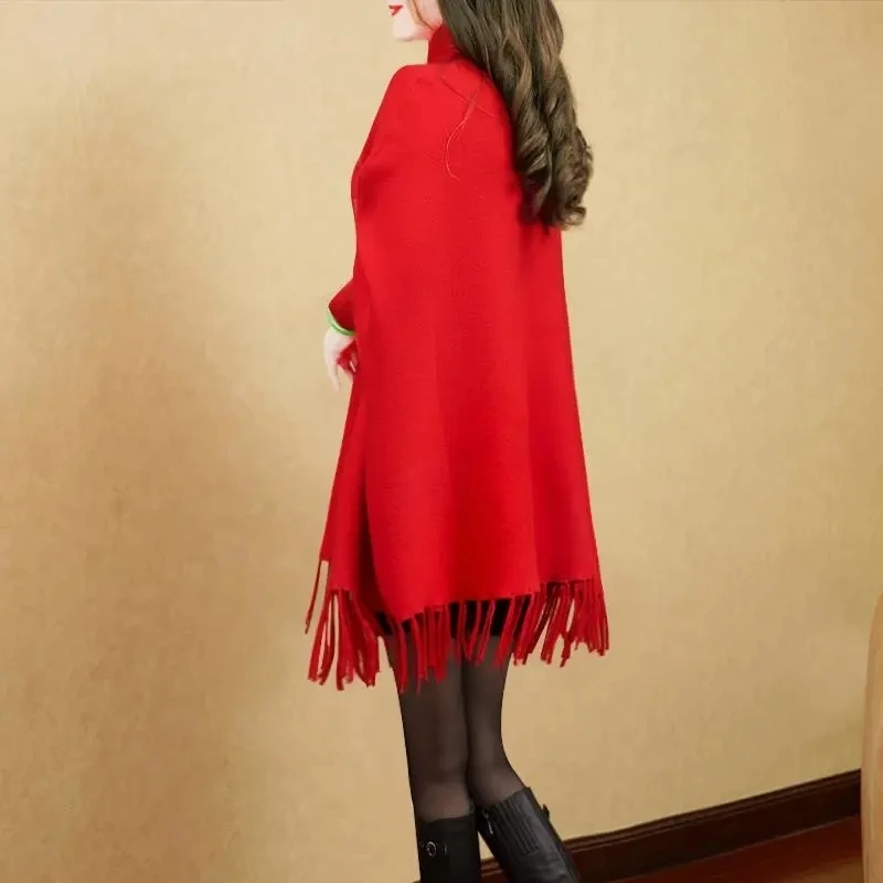 Turtleneck Sweater Poncho Women Diamonds Tassel Loose Knitted Tops Pullover Fashion Cloak Autumn Winter Clothing Red Femme Shawl