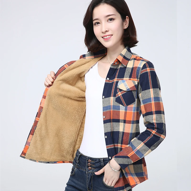 2022 Winter Warm Plaid Coat Women Plus Velvet Thicke Shirt Style Jacket Brand Casual Woman Fleece Tops Female Clothes Outerwear