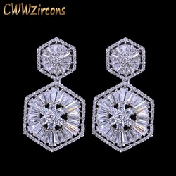 CWWZircons Luxury Full White Baguette Cubic Zirconia Dangle Earring for Women Sparkling Wedding Bridal Jewelry Accessories CZ127