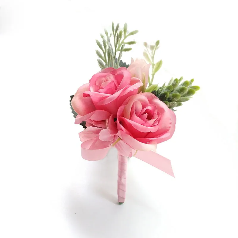 Pink Boutonniere Wedding Accessories Groom Corsage Bracelet Bridesmaids Flowers Artificial Roses Buttonhole Marriage Decoration