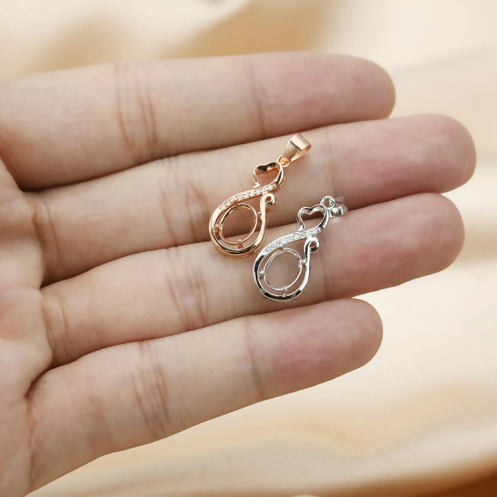 6x8MM Oval Prong Pendant Settings Mother's Love Solid 925 Sterling Silver Rose Gold Plated Charm Bezel DIY Gemstone 1421161