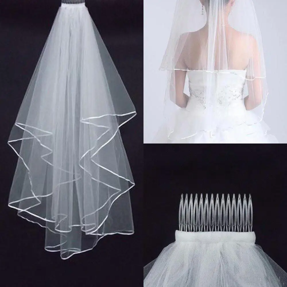 White Wedding Bridal Veil Tulle Bridal Veils with Comb Wedding Veils Lace Ribbon Edge For Marriage Wedding Accessories