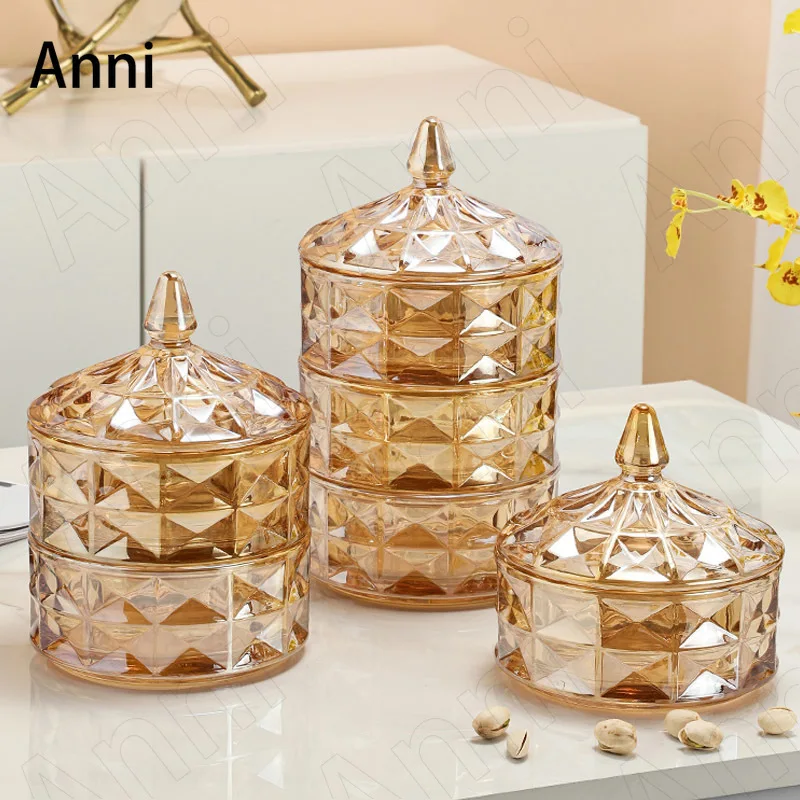 Multilayer Crystal Glass Bottle Nordic Modern Relief Craft Transparent Three Layers Candy Snacks Coffee Storage Jars with Lid