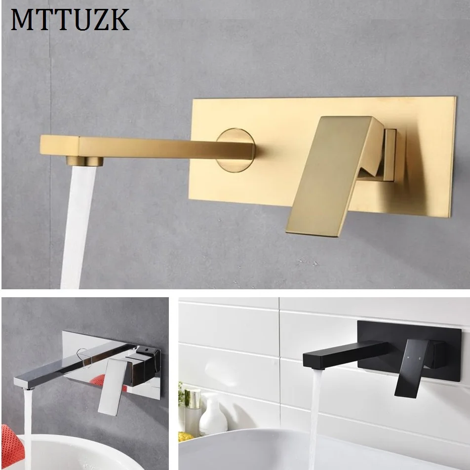 MTTUZK Wall-mounted Concealed With Pre-embedded Box Black Basin Faucet Brass Hot and Cold Water Brushed Gold Washbasin Mixer Tap