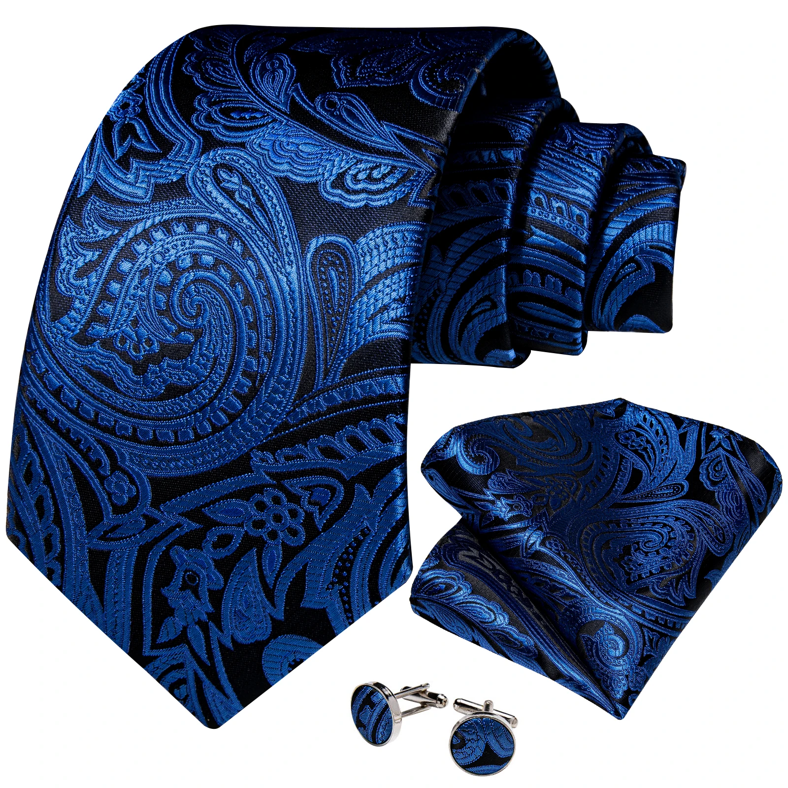 Blaue silberne Paisley-Krawatten für Herren, luxuriöses 8 cm breites Set mit Krawatte, Einstecktuch, Manschettenknöpfen, Brosche, Weihnachtsgeschenke für Männer – Detail 7