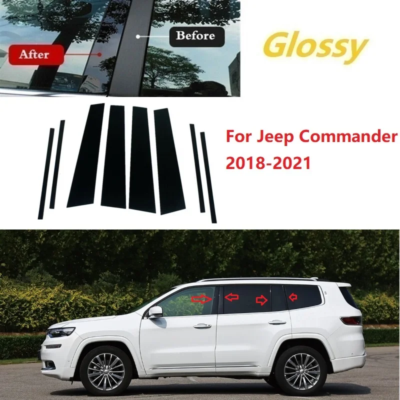 8PCS Polished Pillar Posts Fit For Jeep Commander 2018-2021 Window Trim Cover BC Column Sticker