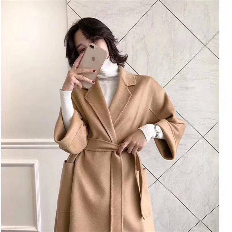 LANMREM 2024 Spring Winter New Water Ripple Coat Double-sided Cashmere Coats Female High-end Long Soft Bandage Clothes 2C2406