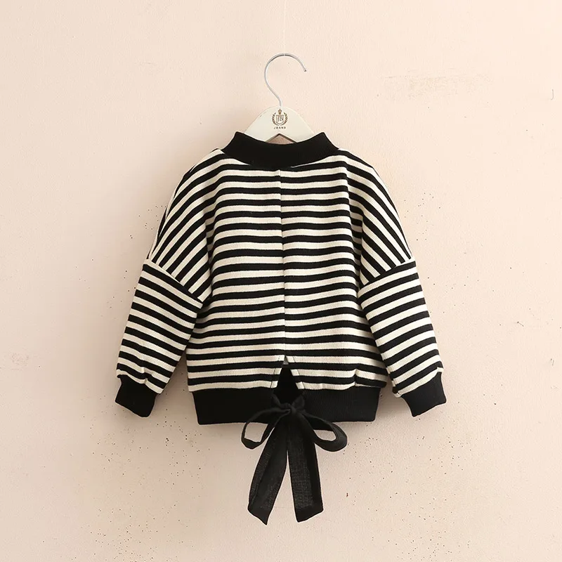 2024 Autumn Spring 3 4 6 8 10 12 Years Children O-Neck Knitted Pullover Cotton White Black Striped Sweater For Kids Baby Girls