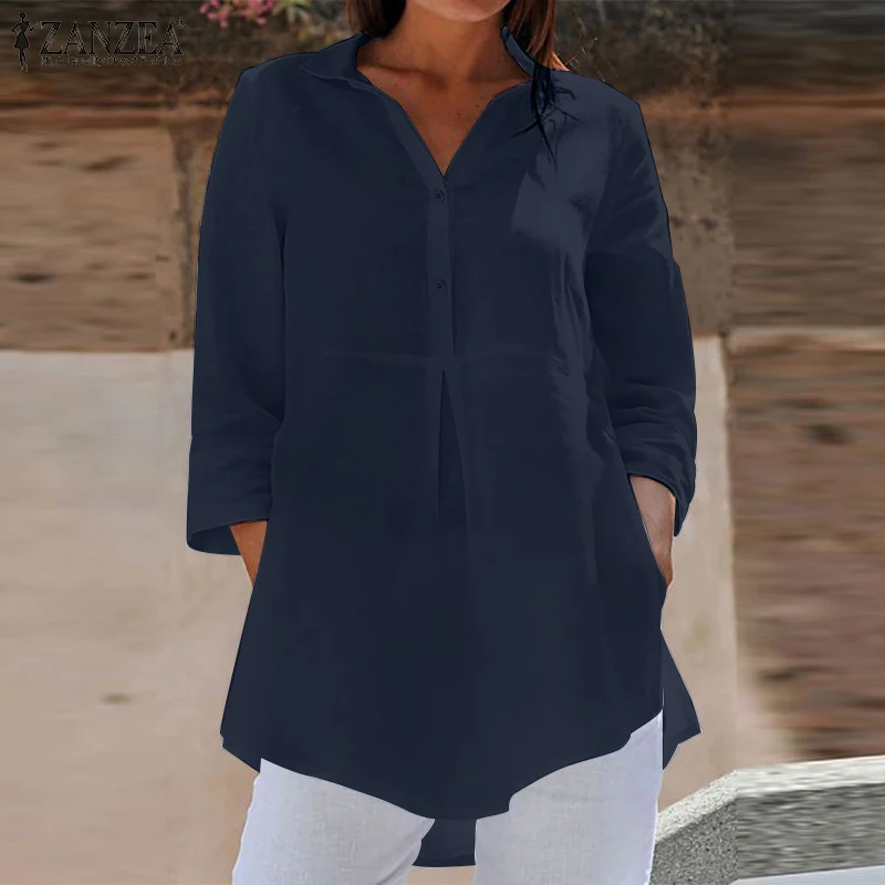 ZANZEA Fashion Summer Lapel Neck 3/4 Sleeve Solid Blouse Women Shirt Casual Loose Long Tops Tunic Femininas Work Blusas Chemise