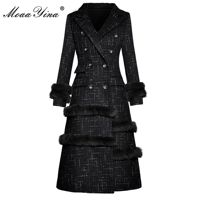 MoaaYina Fashion Designer Winter Spring Woman Black Overcoat Turn-down Collar Double Breasted Slim Casual Overcoat Coat