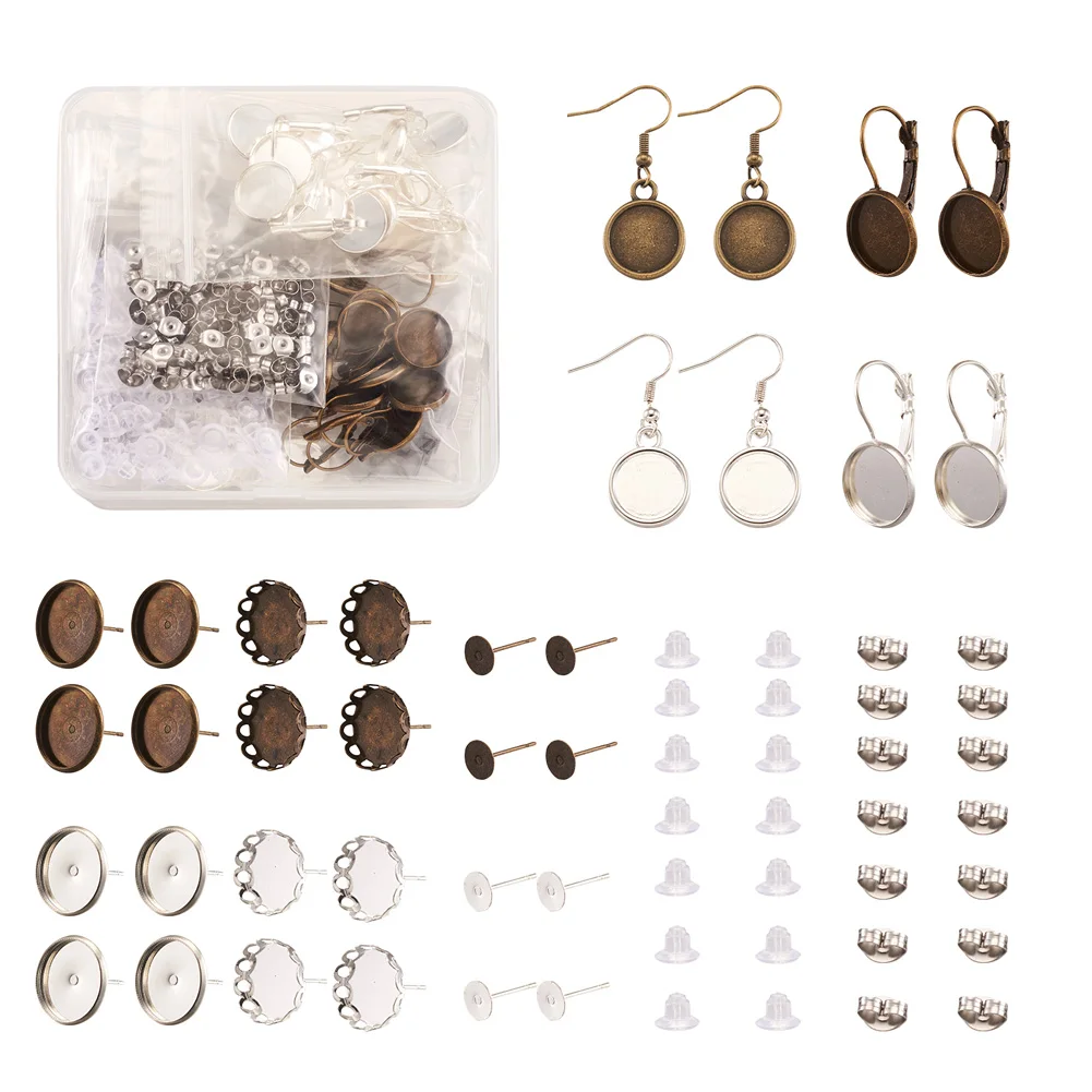 300pcs/box Brass Flat Round Leverback Dangle Earrings Stud Earring Settings Kit With Ear Nuts For DIY Jewelry Making Findings