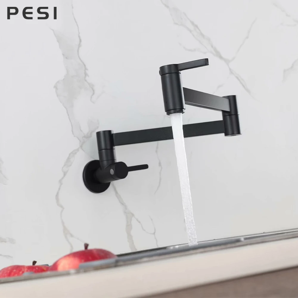 Chrome Nickel Black Brass Pot Filler Tap Wall Mounted Kitchen Faucet Single Cold Single Hole Tap Rotate Folding Spout