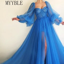 MYYBLE Blue Prom Dresses Long Puffy Sleeve Tulle Backless Formal Evening Party Gowns Beauty Pageant Dresses 2021 Custom Made