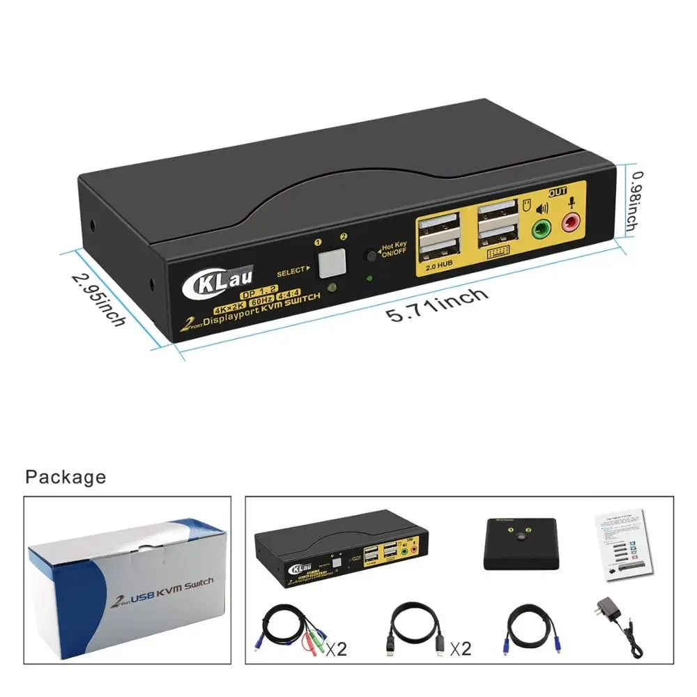 Conmutador KVM Displayport de 2 puertos, conmutador DP KVM con resolución de Audio y micrófono de hasta 4K x 2K @ 60Hz 4:4:4 ,CKL-62DP