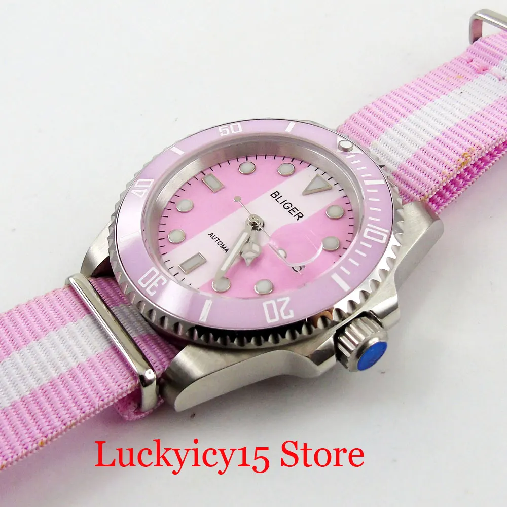 Simple Sport Style 40mm Automatic Men Watch Pink White Color Sapphire Glass Ceramic Bezel MIYOTA Movement Nylon Strap