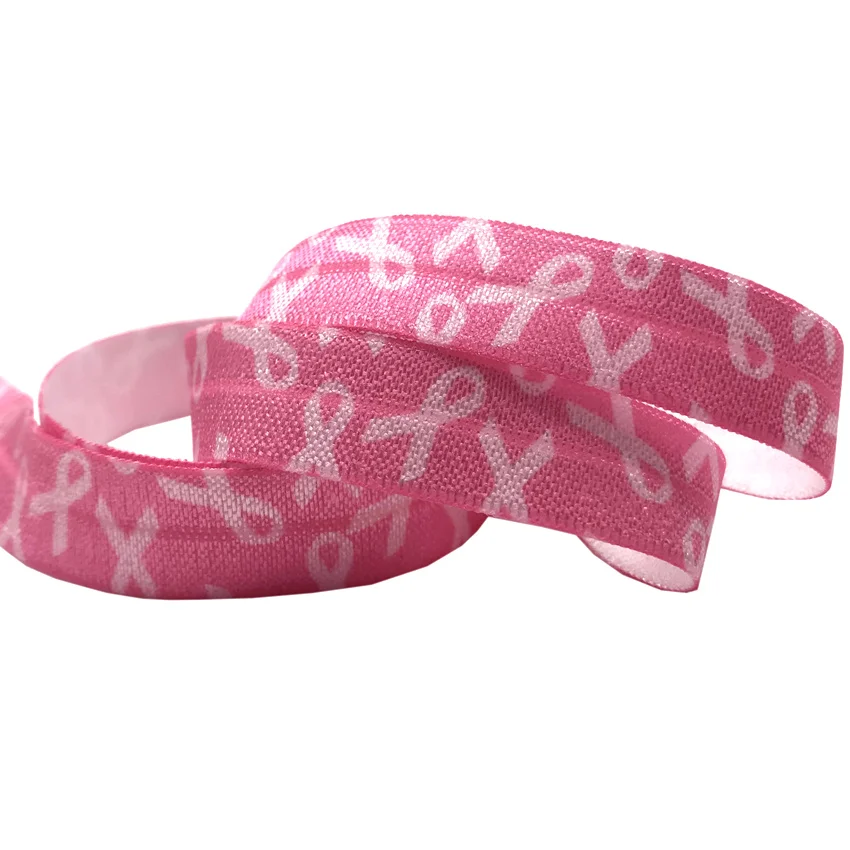 100pcs Breast Cancer Awareness Printed Knotted Elastic Hair Band Wholesale Pink Ribbon Bracelet Girls Ponytail Holder