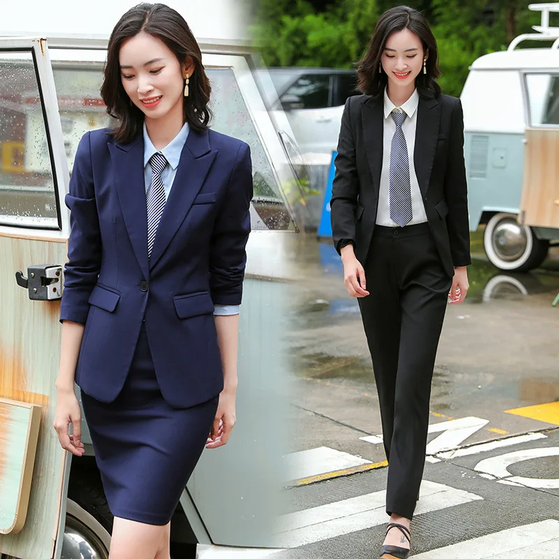 

IZICFLY Autumn Office Interview Sales Work Wear Clothes For Women Blazer Trouser Business Elegant Pants Suits Outfit-No Tie