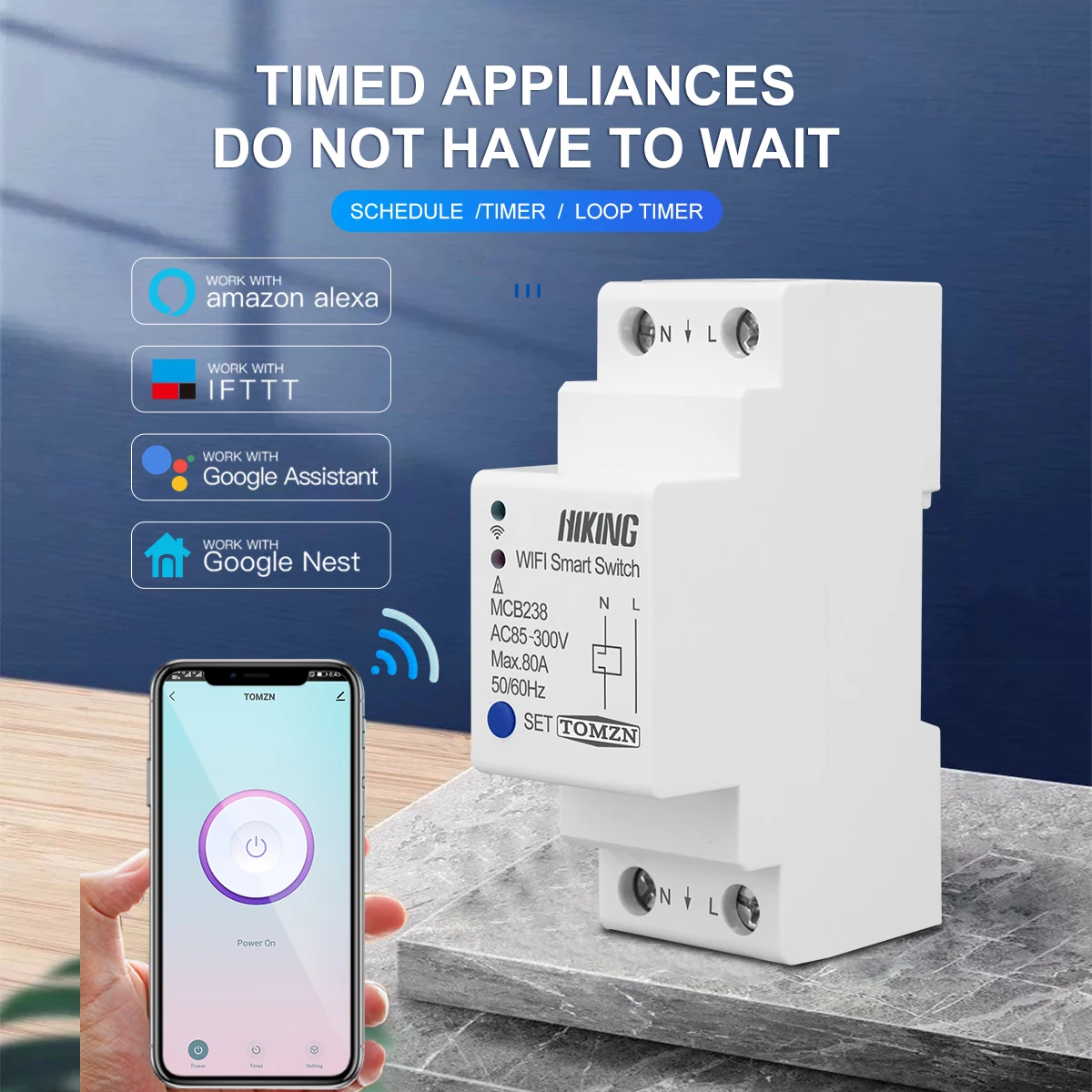 2P 80A Din Rail WIFI Circuit Breaker Smart Switch Remote Control by Smart Life TUYA for Smart Home TOMZN MCB238