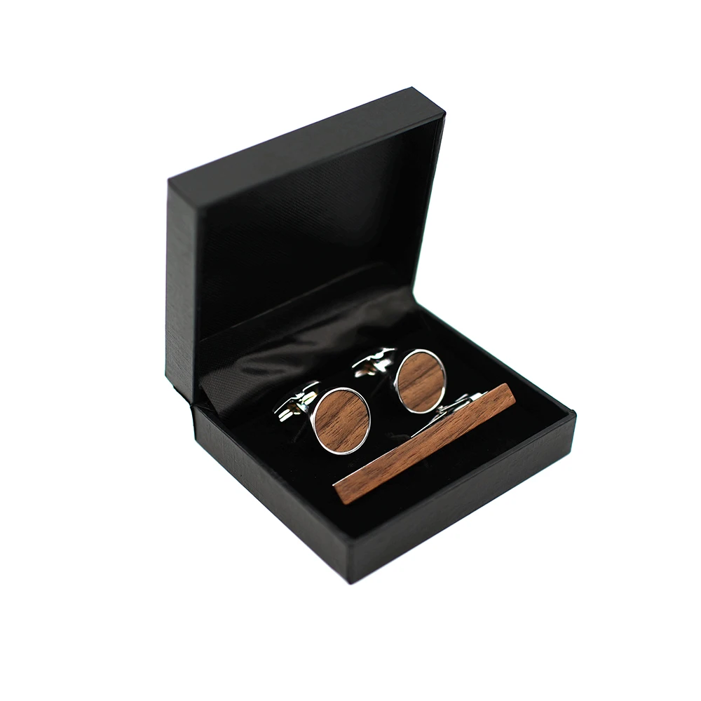 Mahoosive Wood Classic Men’s Cufflinks Tie Clips With Gift Box Zircon For French Cuff Shirt Great Gift for Him