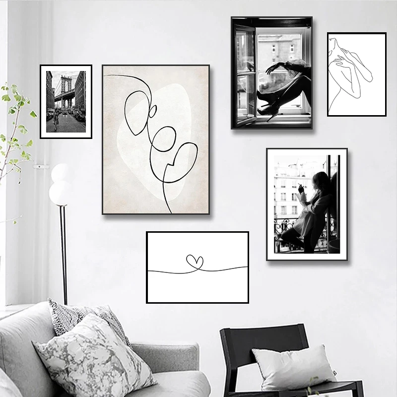 Fashion Black and White Photography Poster Home Decor Wall Art Canvas Painting Window Lady Figure Print for Girl Dormitory Decor
