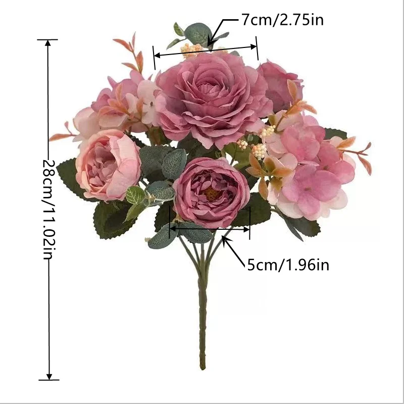 Künstliche Blumen, Retro-Seidenrosen-Blumenstrauß, Hortensien, Pfingstrosen, Vintage-Brautstrauß, künstliche Pflanzen, Dekoration für Zuhause und Hochzeiten, Accessoires. – Detail 1