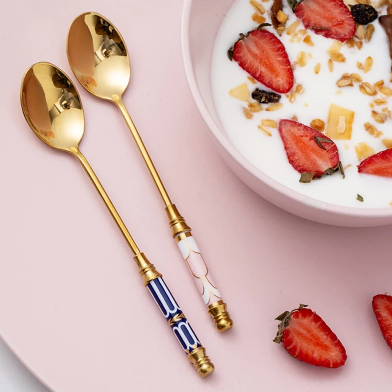 Gold Plating Stainless Steel Teaspoon Coffee Stirring Spoon Flatware Ceramic Long Handle Ice Cream Gold-plated Dessert Spoon