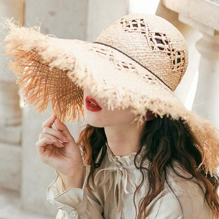 H7785 Lady Width Brim Straw Raffia Hats Women's Beach Large Brimmed Sun Caps Sunbonnet Travel Seaside Summer Hat Straw Caps