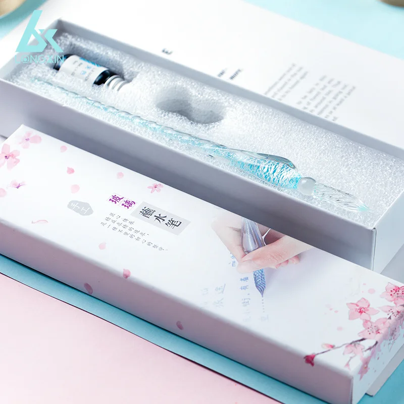 1 Set Handmade Glass Pen Gift Box with Golden Paste Fountain Pen Ink Pen Set and Dipping Pen Stationery