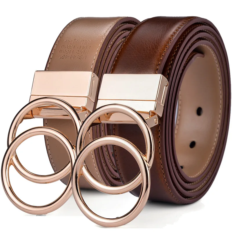 Women Leather Reversible Belt Double O Ring Rotate Buckle Two Side