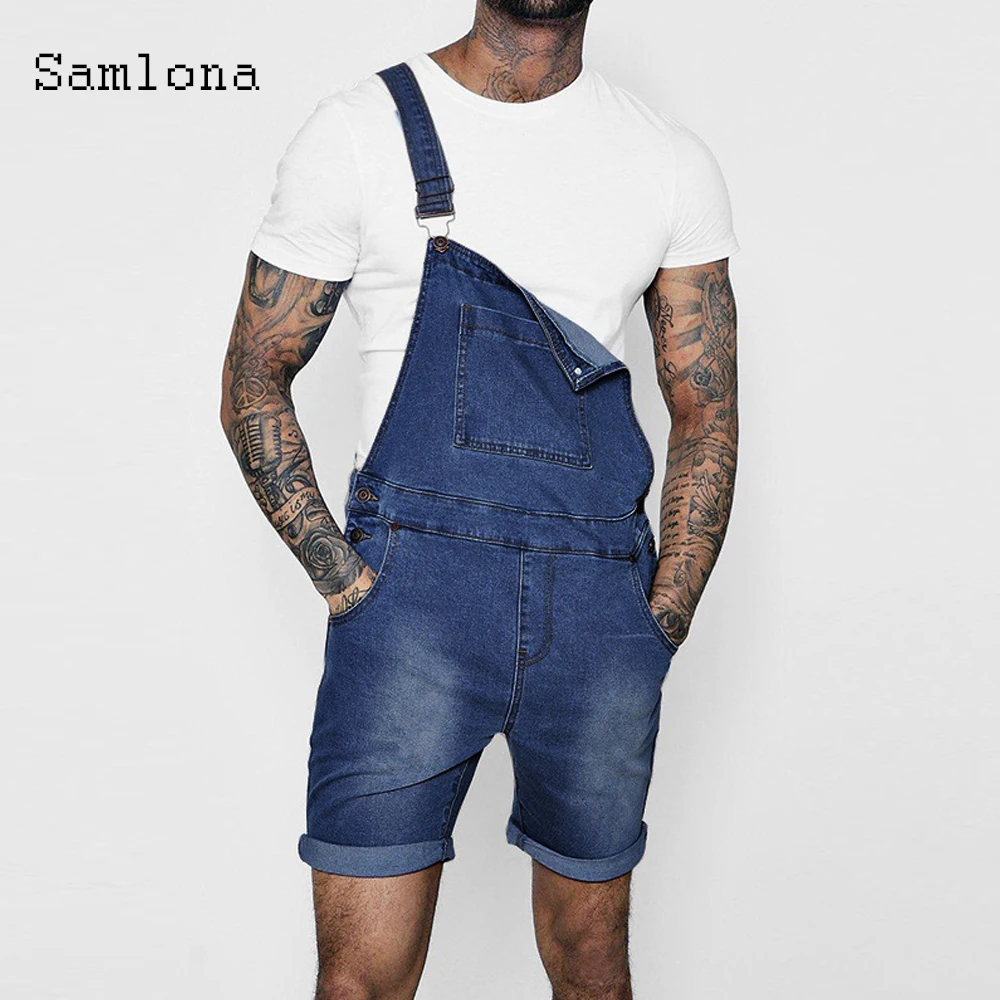 2025 Men's Stand Pocket Casual Retro Jeans Demin Overalls Men One-piece Short Jumpsuits European Fashion Strappy Demin Playsuits