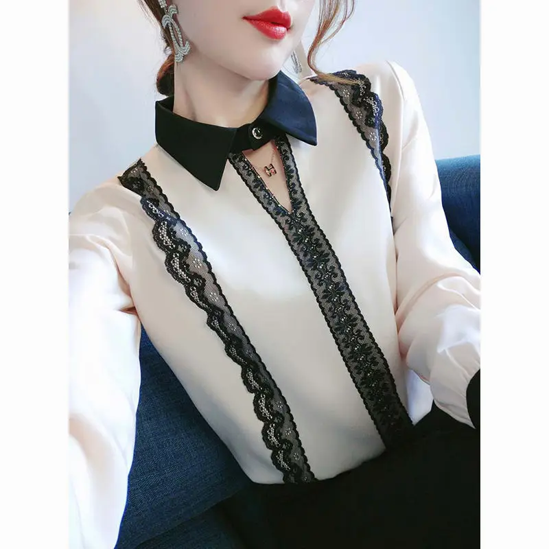 

Blouse Women Autumn Square Collar Lace Top Women's Long Sleeve Chiffon Shirt Blusas Ropa De Mujer