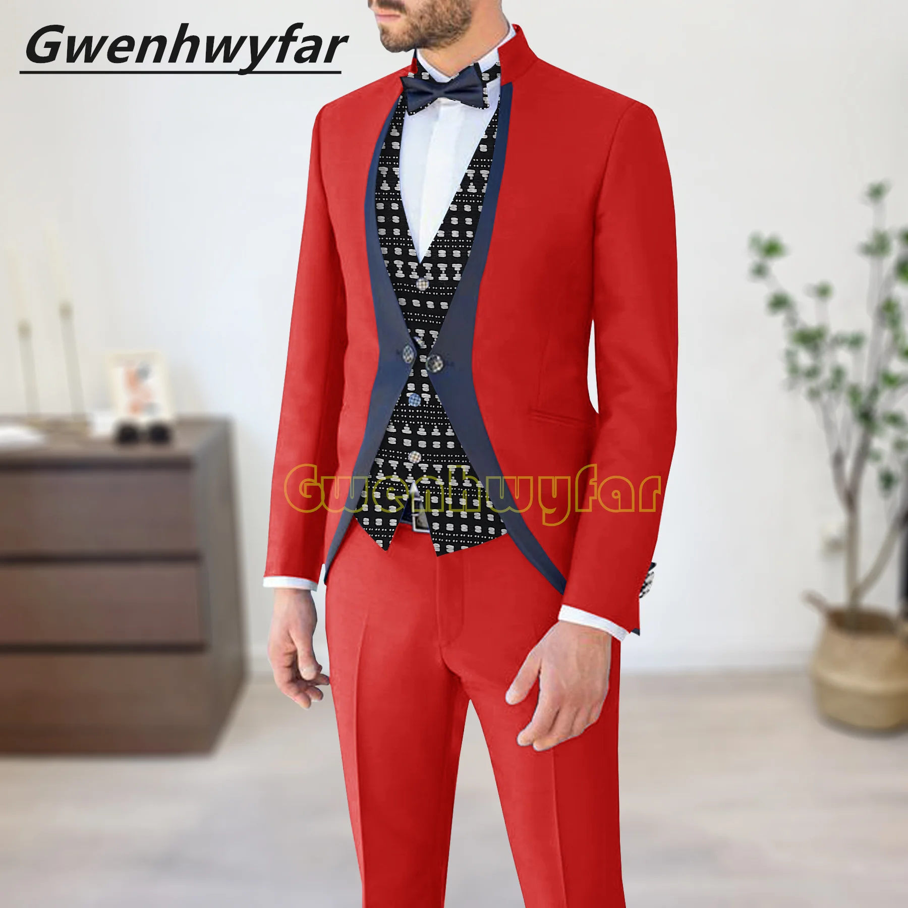 

Gwenhwyfar Navy Blue Rim Red Tuxedo Stand Collar High Quality New Design Party Prom Wear Wedding Bridegroom Best Men Suit Luxury