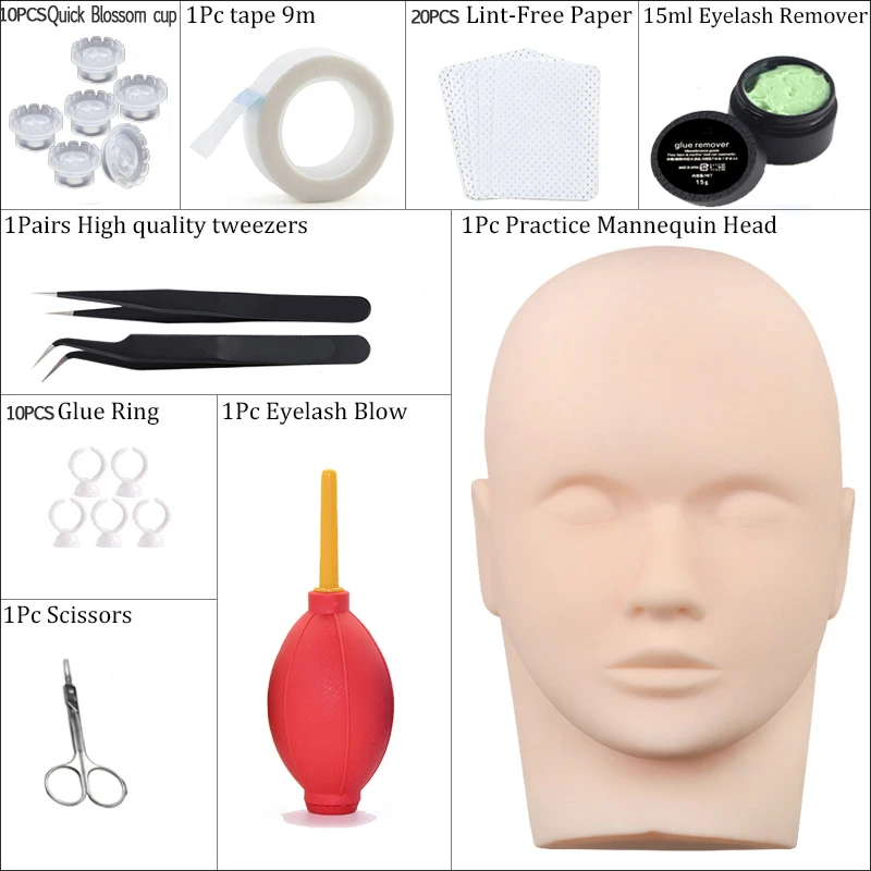 False Eyelash Extension Training Kit Practice Model Head Eye Pads Tweezers Glue Ring Brush Grafting Eyelash Tools Kit