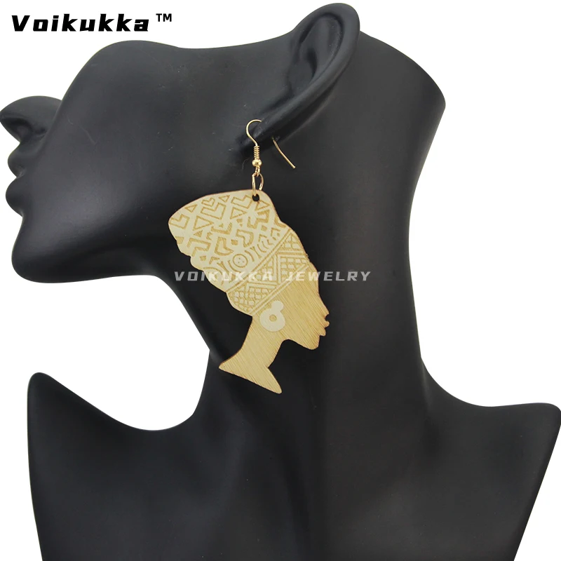 VOIKUKKA Jewelry Portrait Sculpture Head Wrap Laser Cutting Engraving Wooden Women Drop Dangle African Women Cute Earrings