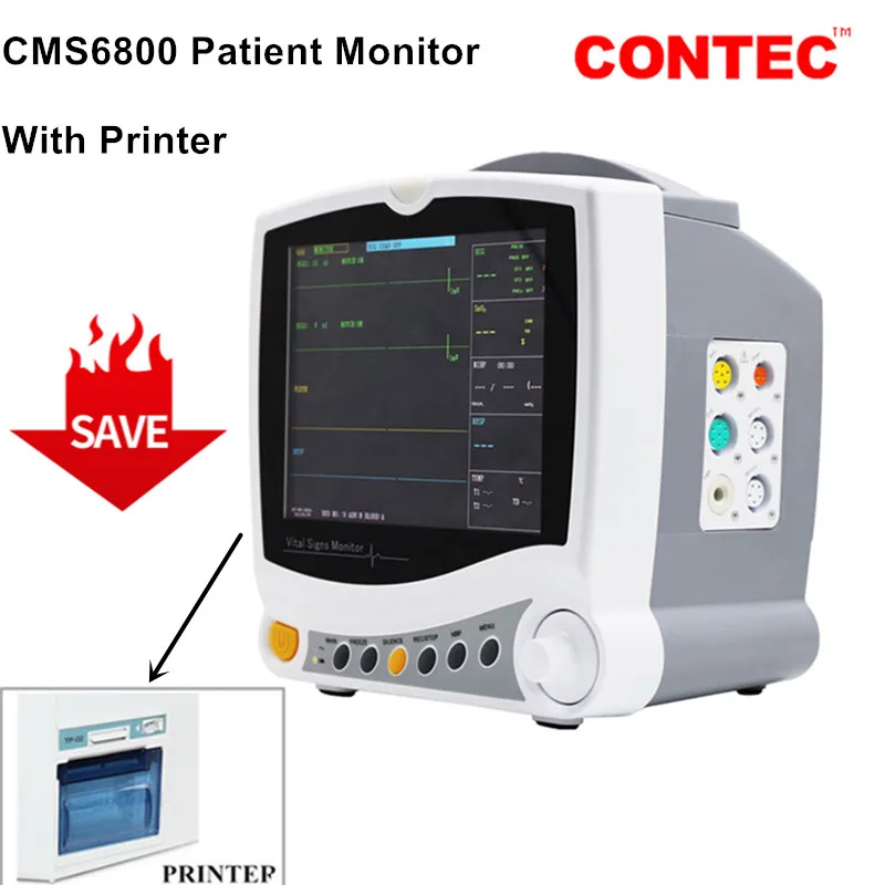 CONTEC CMS6800 ICU Patient Monitor Vital Signs Monitor 6 Parameters with Printer ECG SPO2 RESP TEMP NIBP PR HR