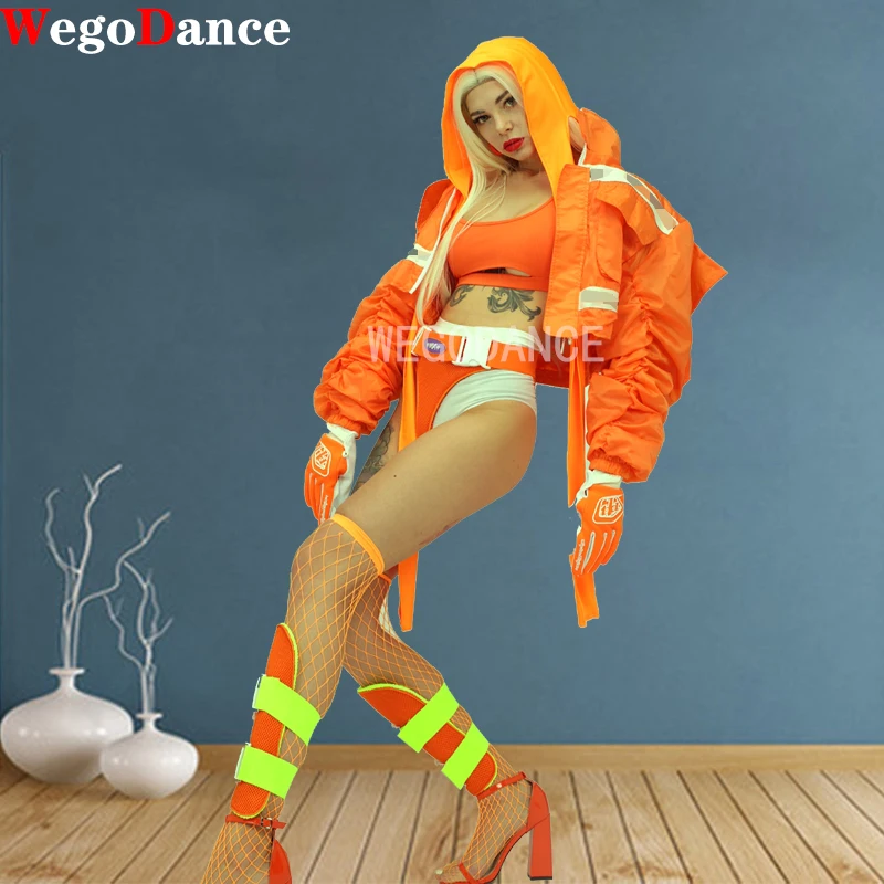 

Sport Coat Streetwear Long Sleeve Hooded Hoddies Women Fashion Buckle Cropped Tops Neo Orange Thick Jazz Dancer Costume