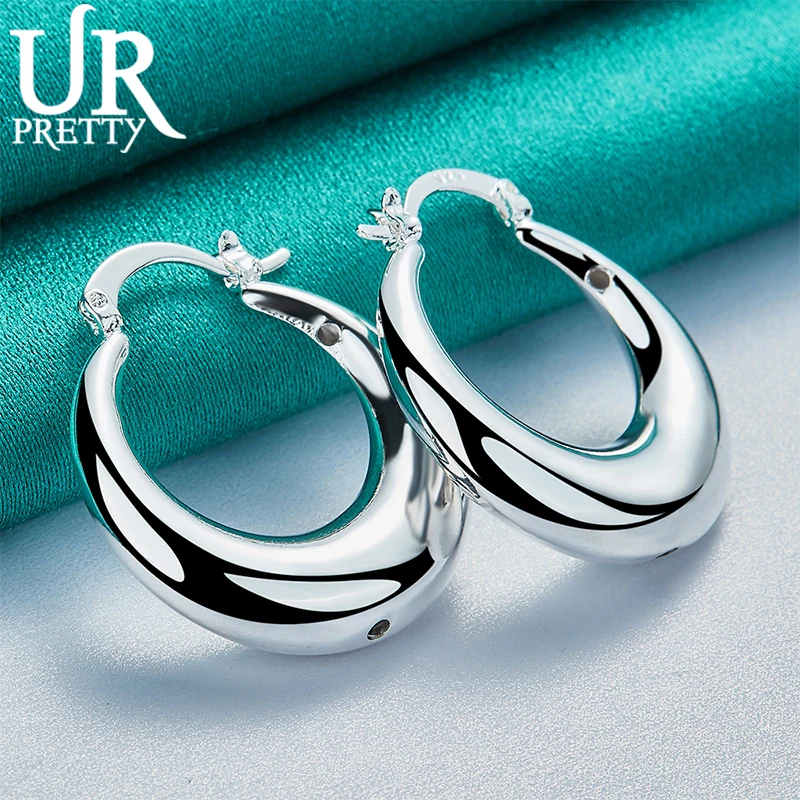 UPRETTY New 925 Sterling Silver 27mm Crescent Hoop Earring For Women Lady Party Wedding Engagement Charm Jewelry Gift