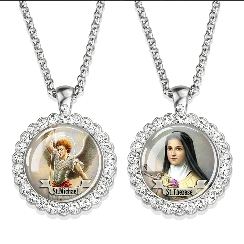 12 Christian Saint Necklace Cabochon Glass Rhinestone Pendant St Therese Francis Jude Paul Anthony Necklaces Religious Jewelry