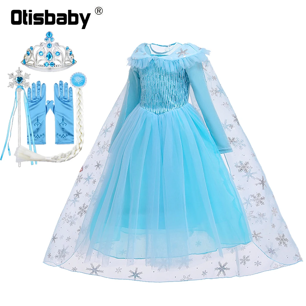 New Year Snow Queen Velvet Long Sleeve Princess Dress Christmas Girls Elsa Dress with Long Cape Kids Birthday Party Fairy Frocks